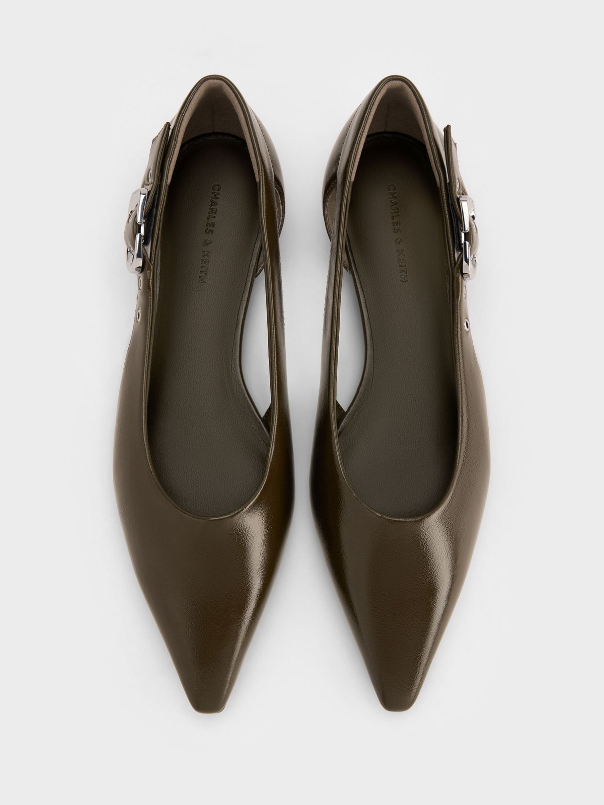 CHARLES & KEITH New / Buckled Cut-Out Ballet Flats - Olive