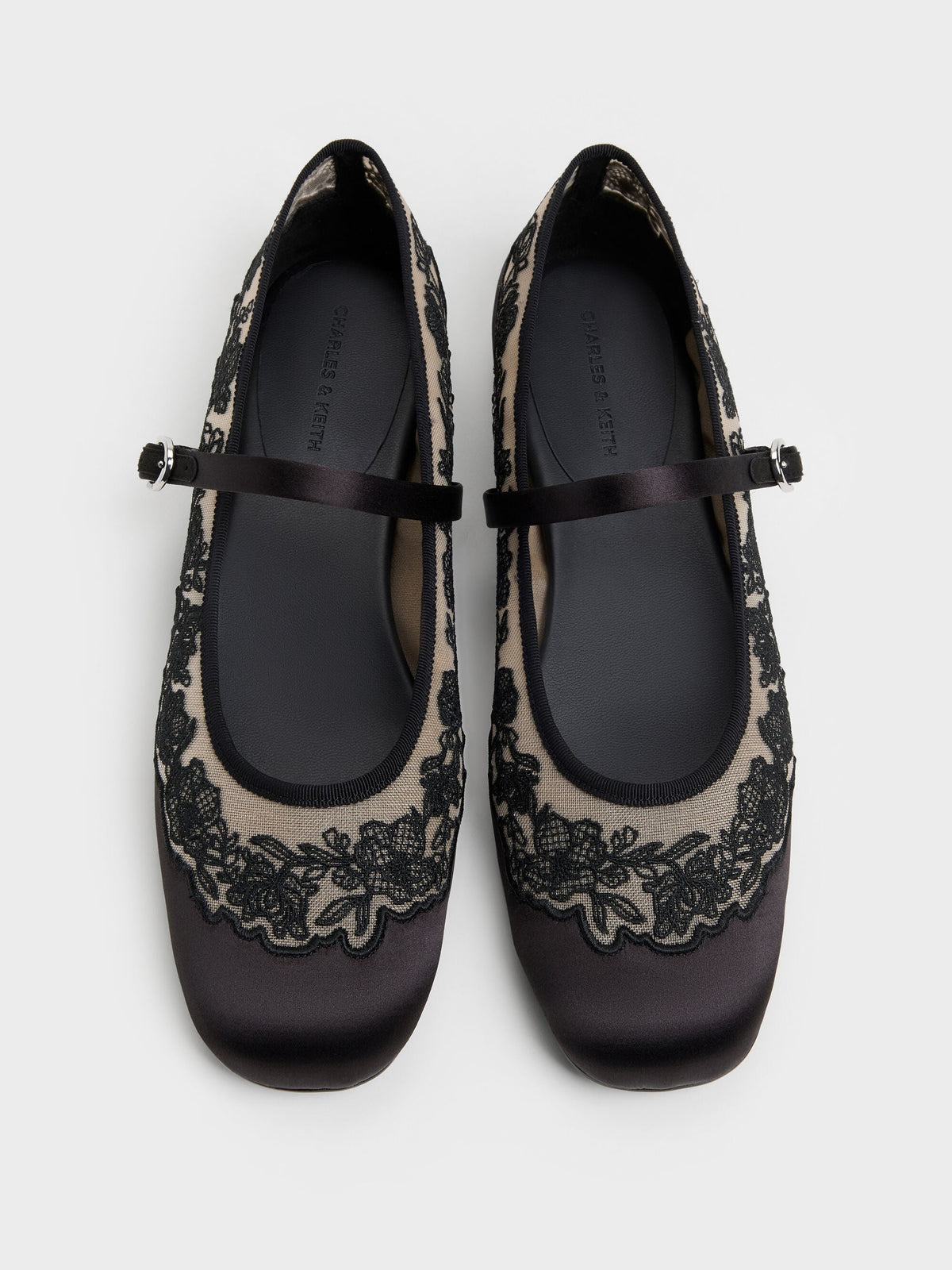 CHARLES & KEITH New / Satin Embroidered-Mesh Mary Jane Flats - Black Textured