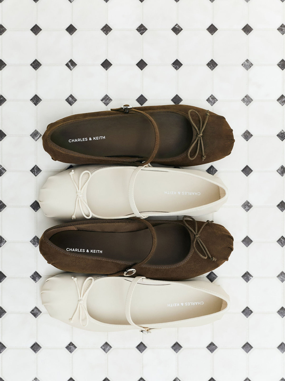 CHARLES & KEITH Classic / Emiko Faux Suede Bow Mary Jane Flats - Dark Brown Textured