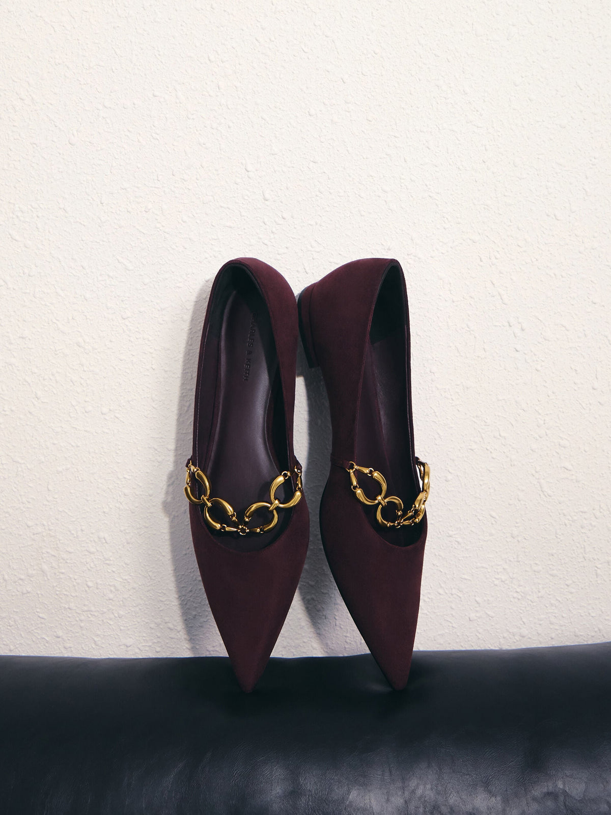 CHARLES & KEITH Popular / Faux Suede Metallic-Accent Ballet Flats - Burgundy