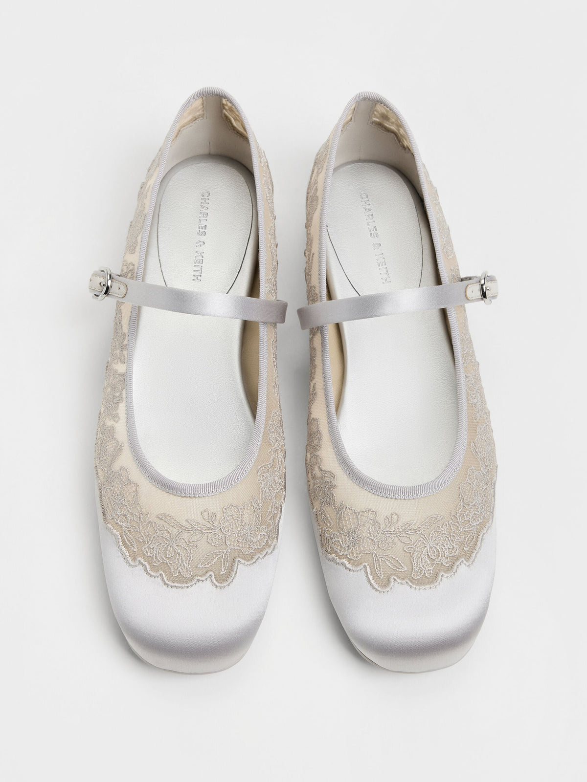 CHARLES & KEITH Recommended / Satin Embroidered-Mesh Mary Jane Flats - Silver