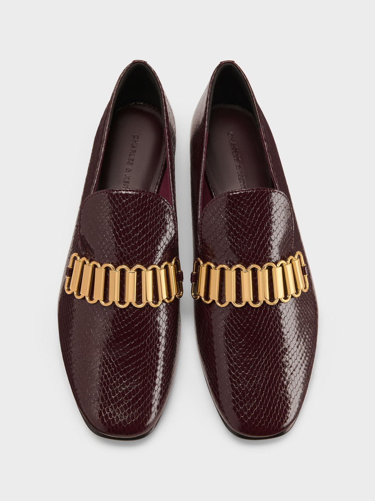 CHARLES & KEITH Classic / Snake-Print Metallic-Accent Loafers - Animal Print Burgundy