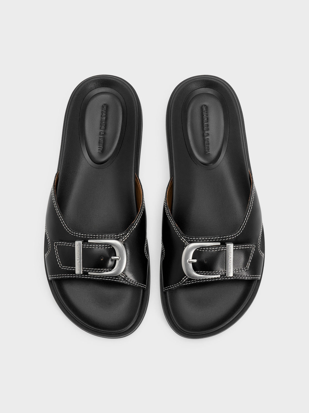 CHARLES & KEITH Discount / Stitch-Trim Buckled Slides - Black