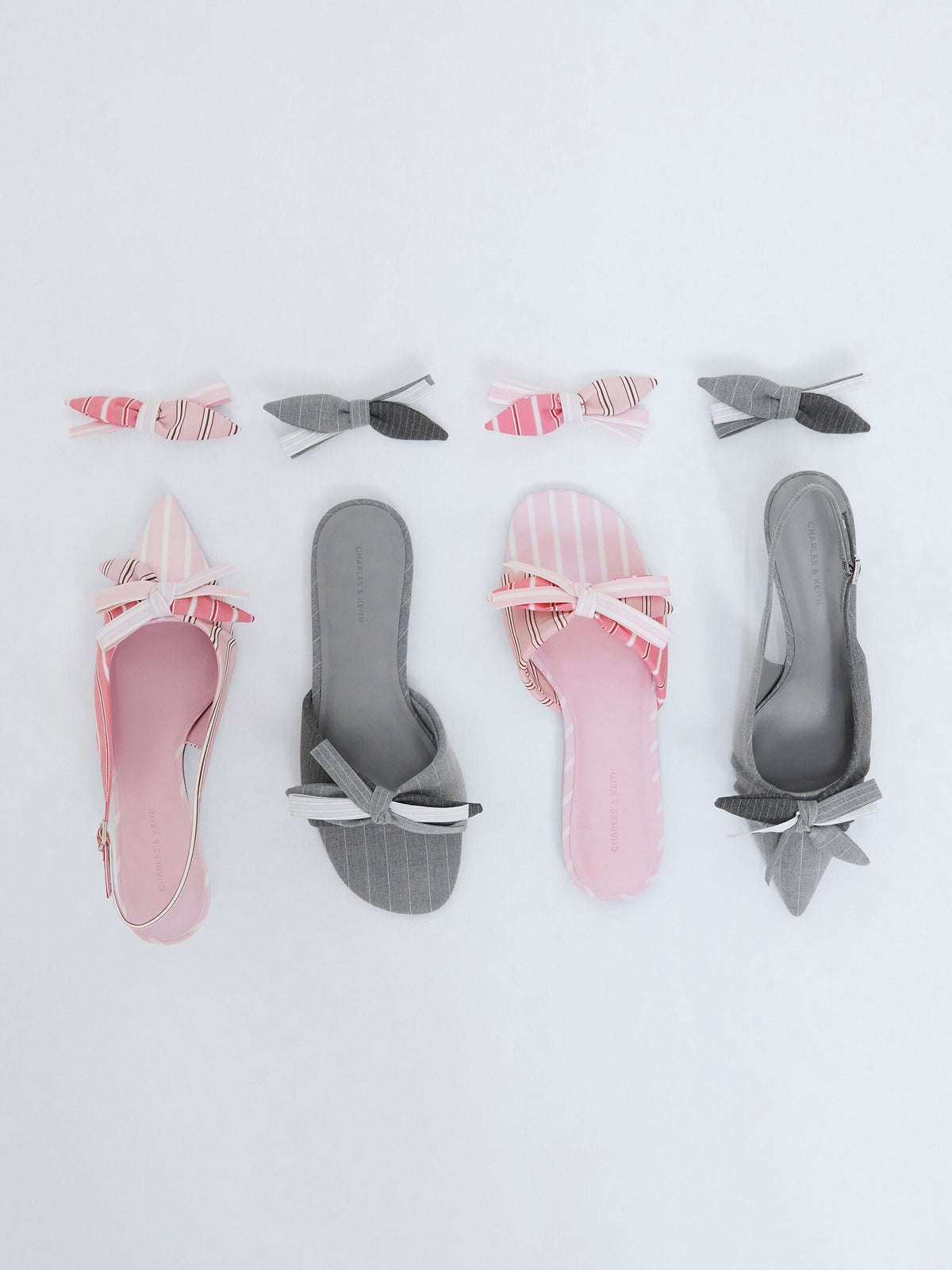 CHARLES & KEITH Discount / Striped Bow Slide Sandals - Grey