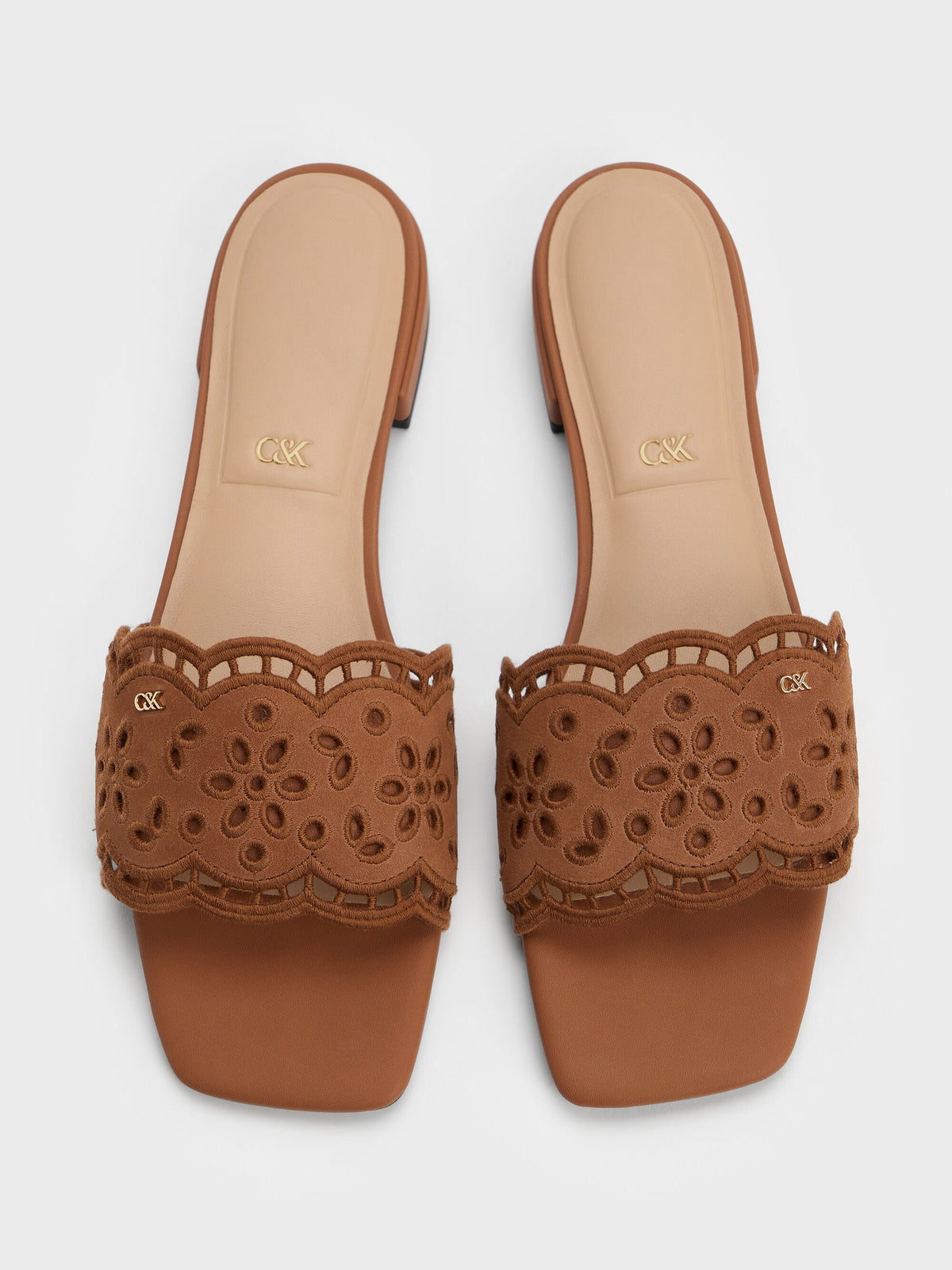 CHARLES & KEITH Essential / Leather Embroidered Slide Sandals - Cognac
