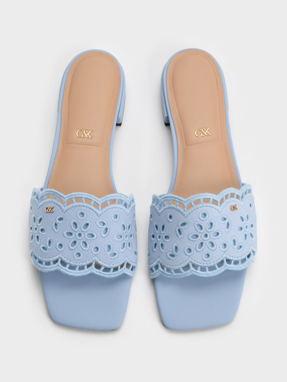 CHARLES & KEITH Value / Leather Embroidered Slide Sandals - Light Blue