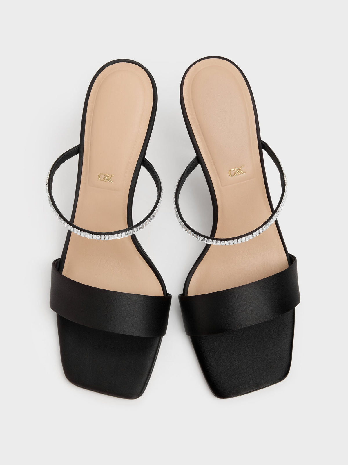 CHARLES & KEITH Hot Sale / Gem Heeled Mules - Black Textured