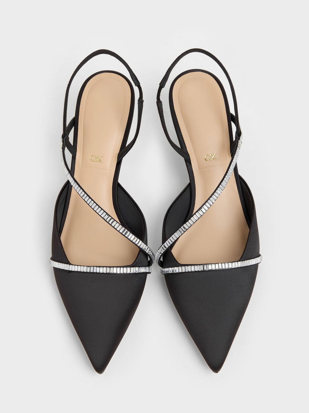 CHARLES & KEITH Trending / Gem Slingback Kitten Heels - Black Textured