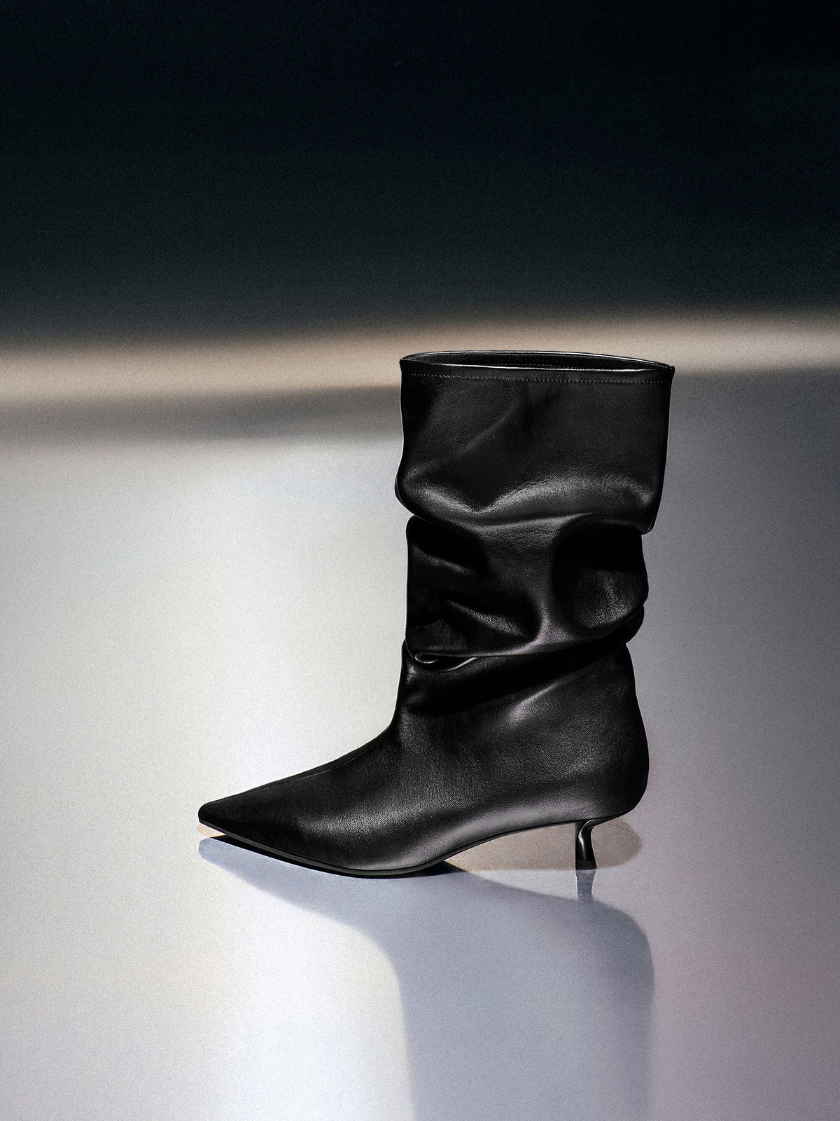 CHARLES & KEITH Customer Favorite / Ruched Kitten-Heel Calf Boots - Black