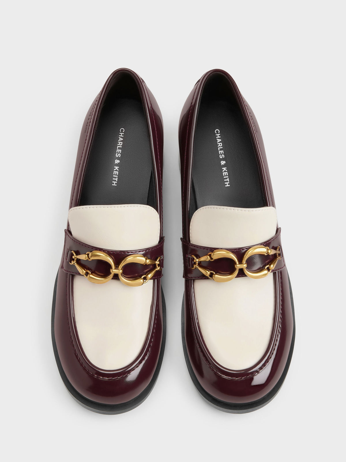 CHARLES & KEITH Featured / Two-Tone Metallic-Buckle Loafer Pumps - Burgundy