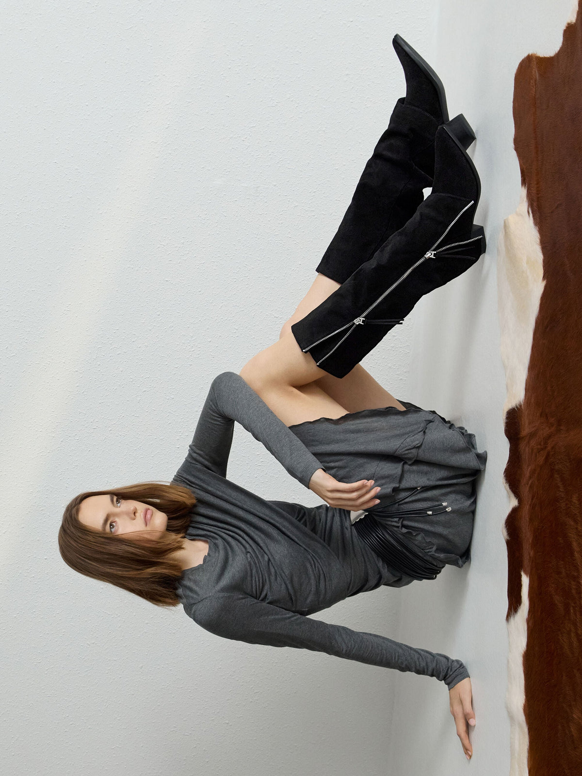 CHARLES & KEITH Trending / Aether Faux Suede Tassel-Zip Knee-High Boots - Black Textured