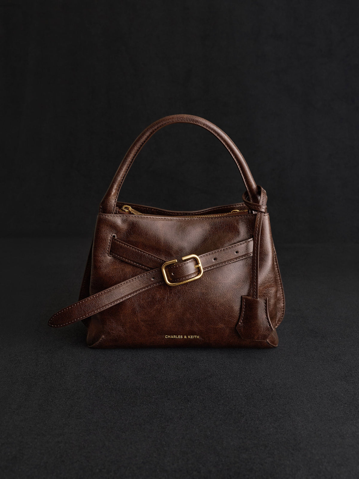 CHARLES & KEITH New / Victoria Belted Top Handle Bag - Distressed Coffee
