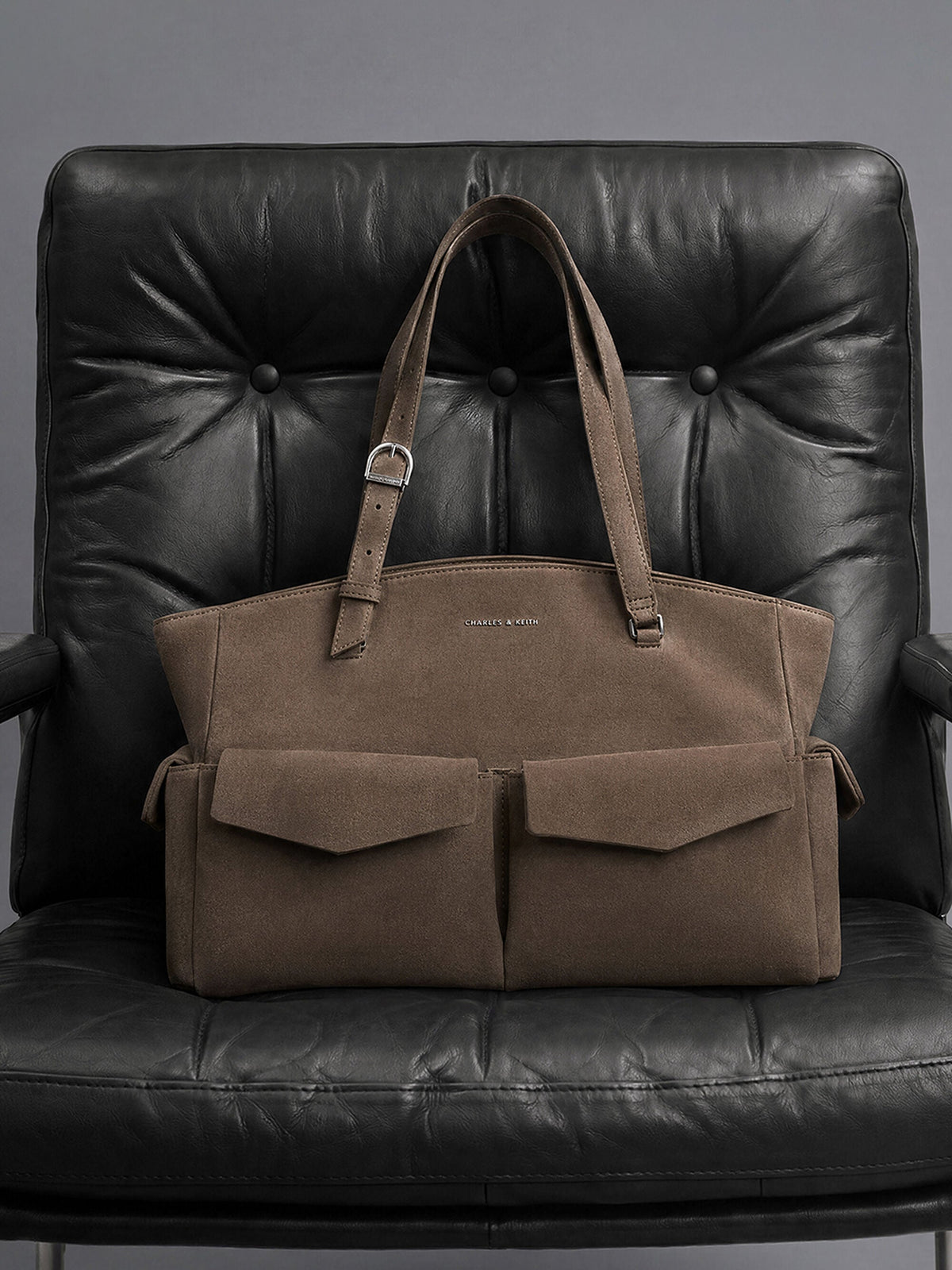 CHARLES & KEITH Classic / Rachel Multi-Pocket Tote Bag - Stone Grey