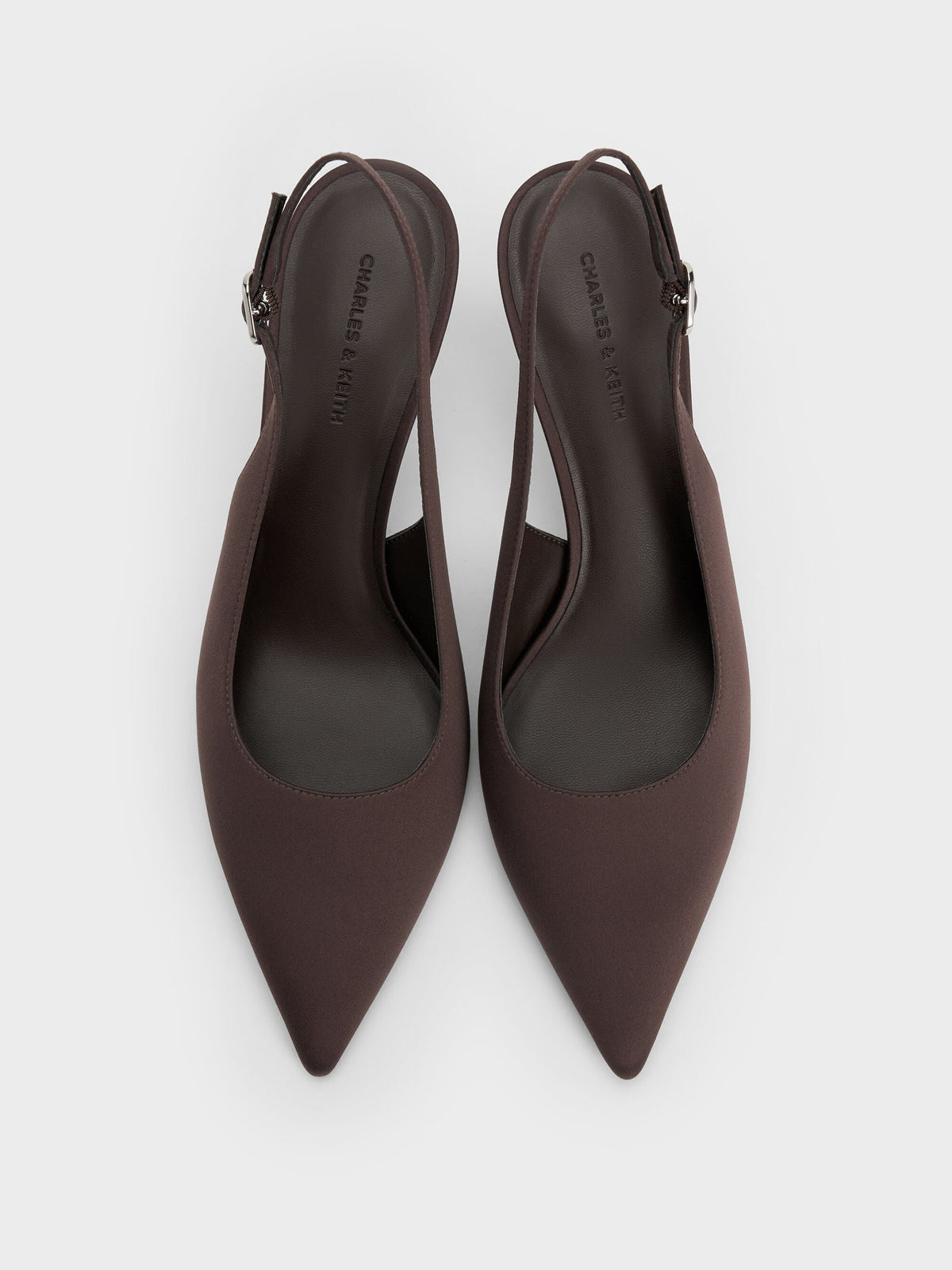 CHARLES & KEITH Great Value / Kaia Satin Slingback Pumps - Dark Brown Textured