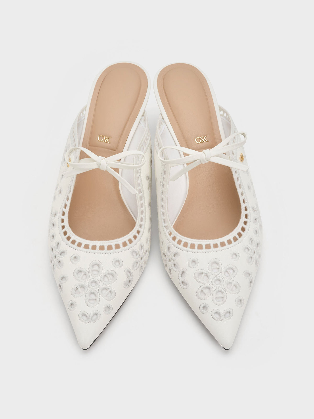 CHARLES & KEITH Deals / Leather Embroidered Heeled Mules - White