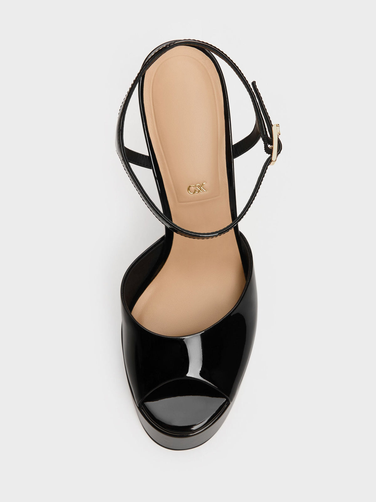 CHARLES & KEITH Special Offer / Francesca Patent Leather Peep-Toe Platform Heels - Black Patent