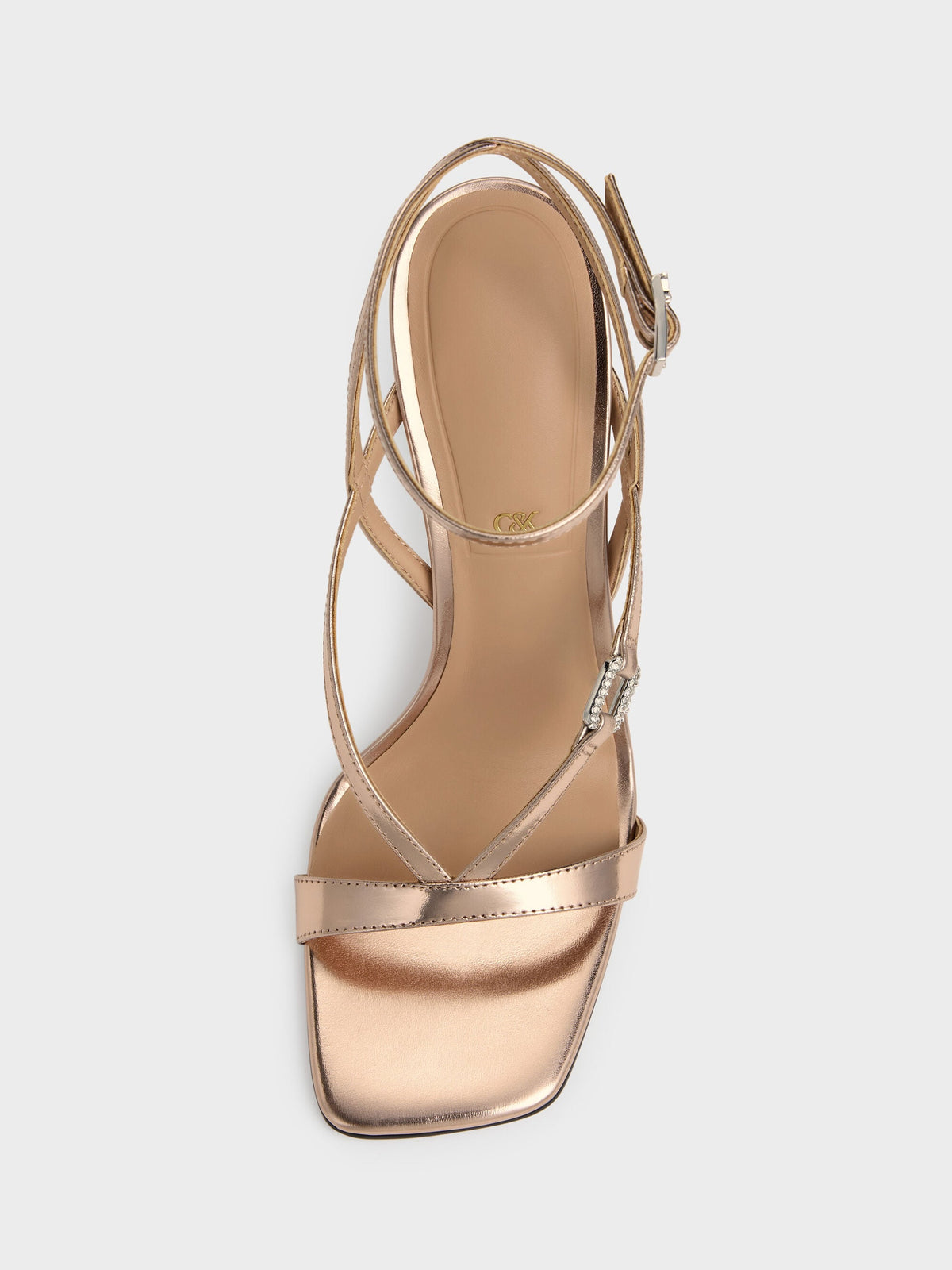 CHARLES & KEITH Great Value / Metallic Leather Crystal-Buckle Ankle-Strap Heels - Bronze