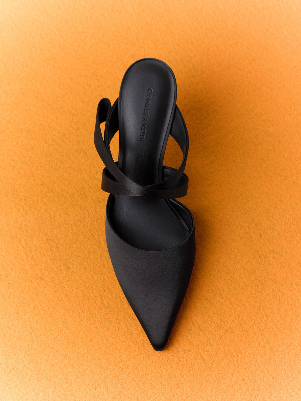 CHARLES & KEITH Hot Sale / Satin Pleated-Strap Heeled Mules - Black Textured