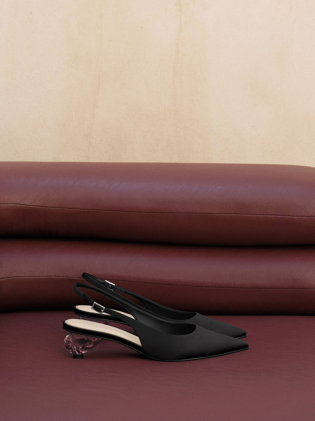 CHARLES & KEITH Featured / Pointed Crystal-Heel Slingback Pumps - Black Textured