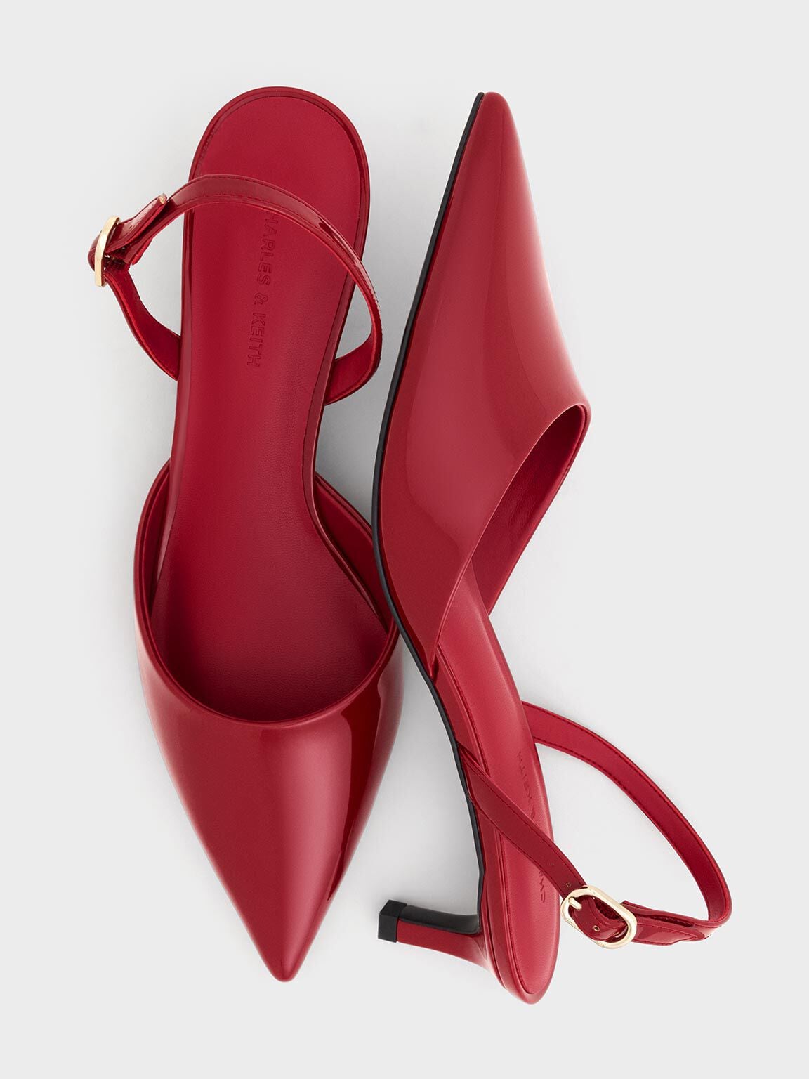 CHARLES & KEITH Best Seller / Patent Pointed Slingback Kitten Heels - Red