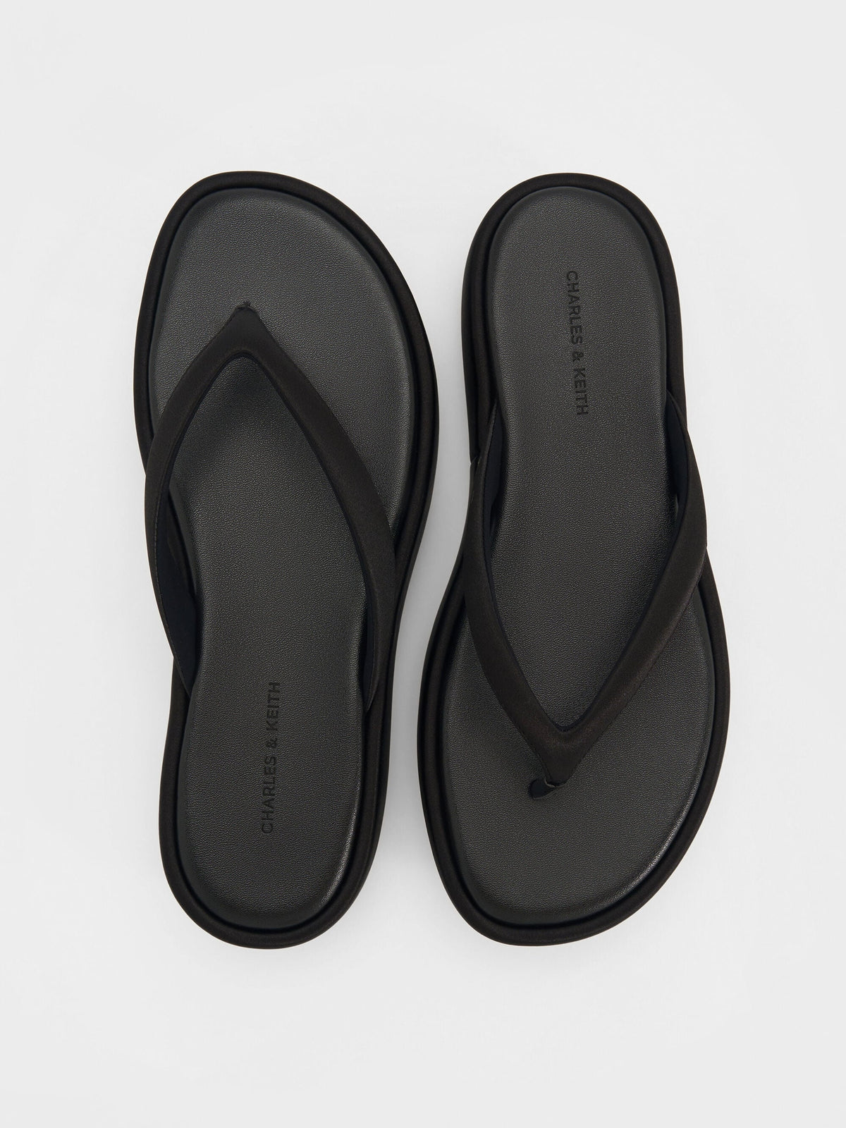 CHARLES & KEITH Hot Sale / Satin Thong Flatform Sandals - Black Textured