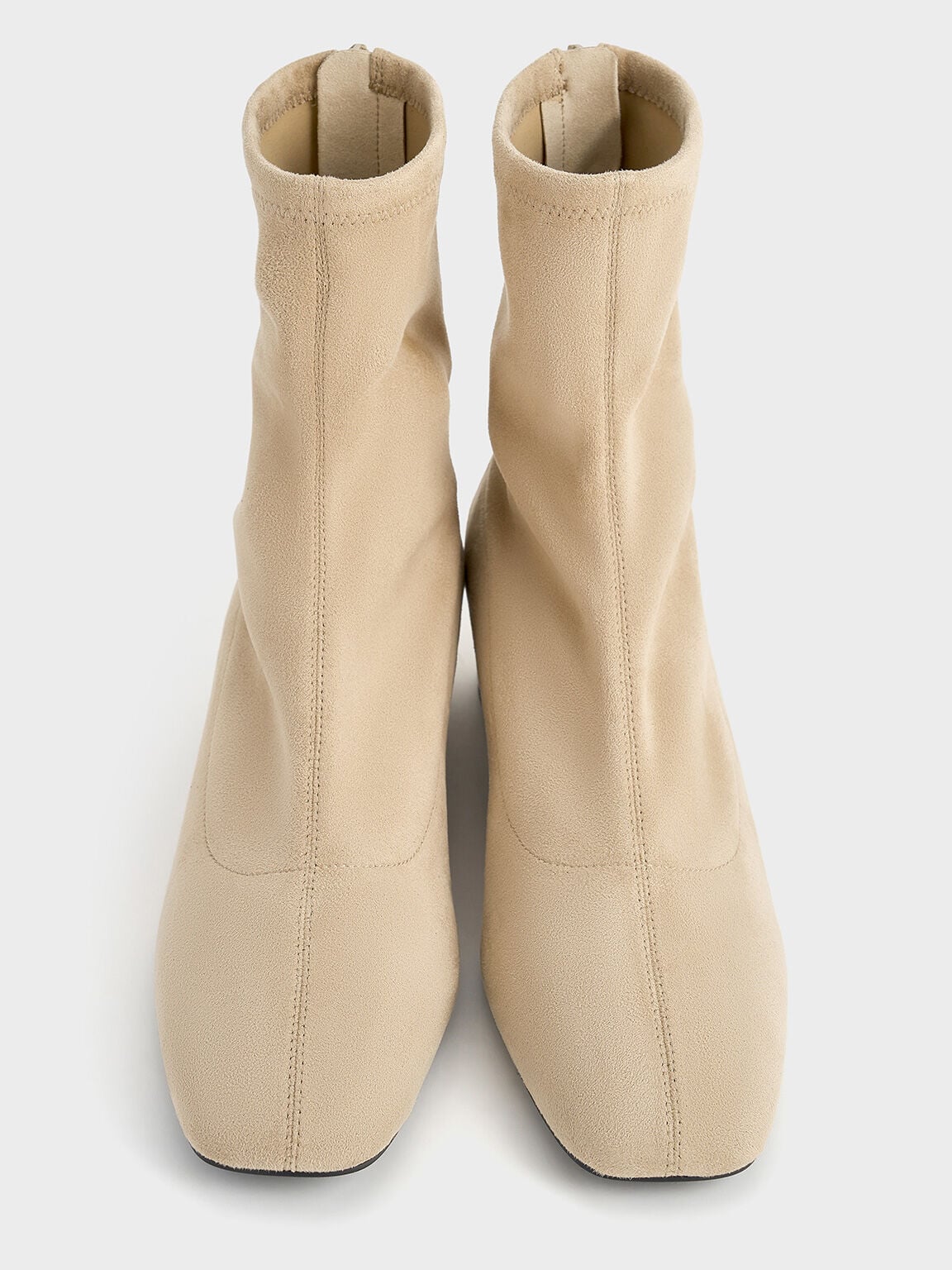 CHARLES & KEITH Featured / Faux Suede Stitch-Trim Heeled Ankle Boots - Sand