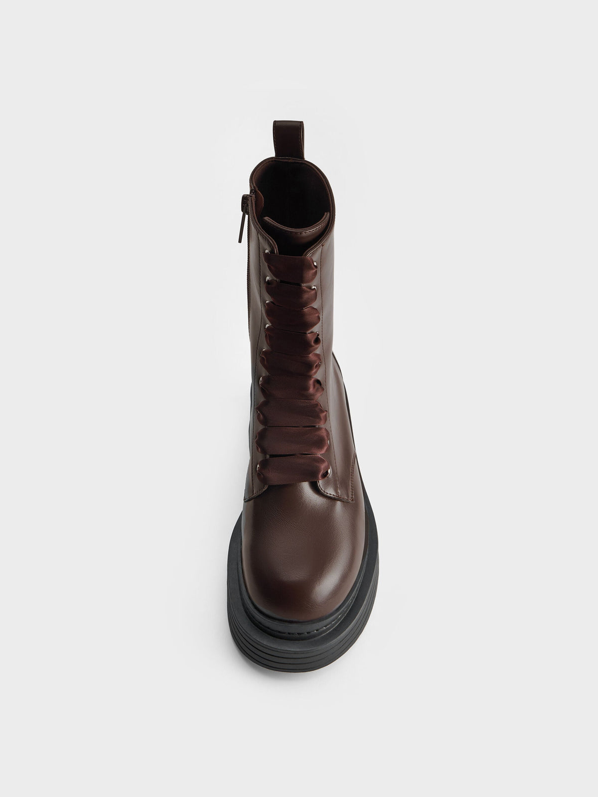 CHARLES & KEITH Best Seller / Satin-Lace Platform Combat Boots - Dark Brown