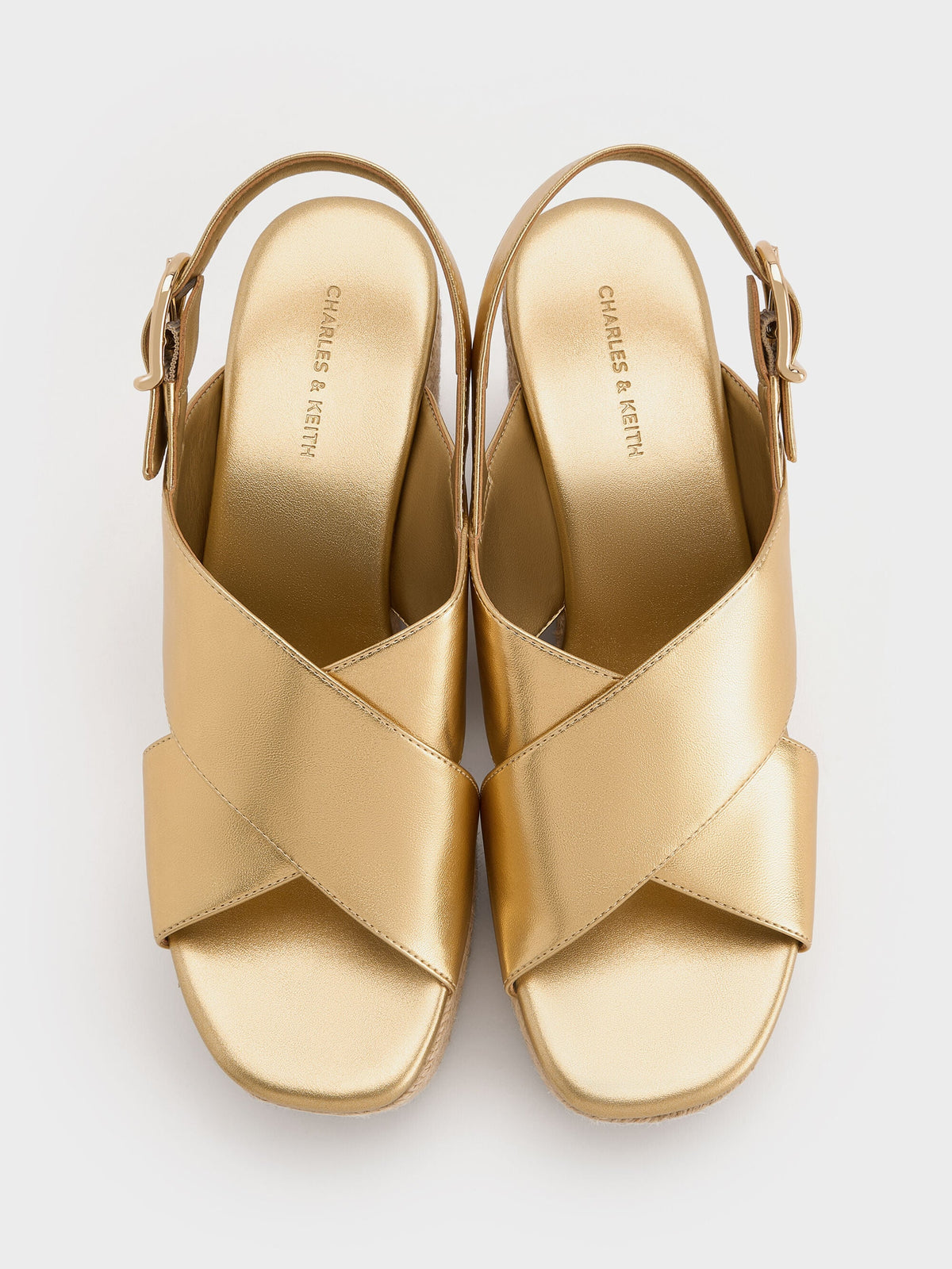 CHARLES & KEITH Quality / Metallic Crossover Espadrille Wedges - Gold