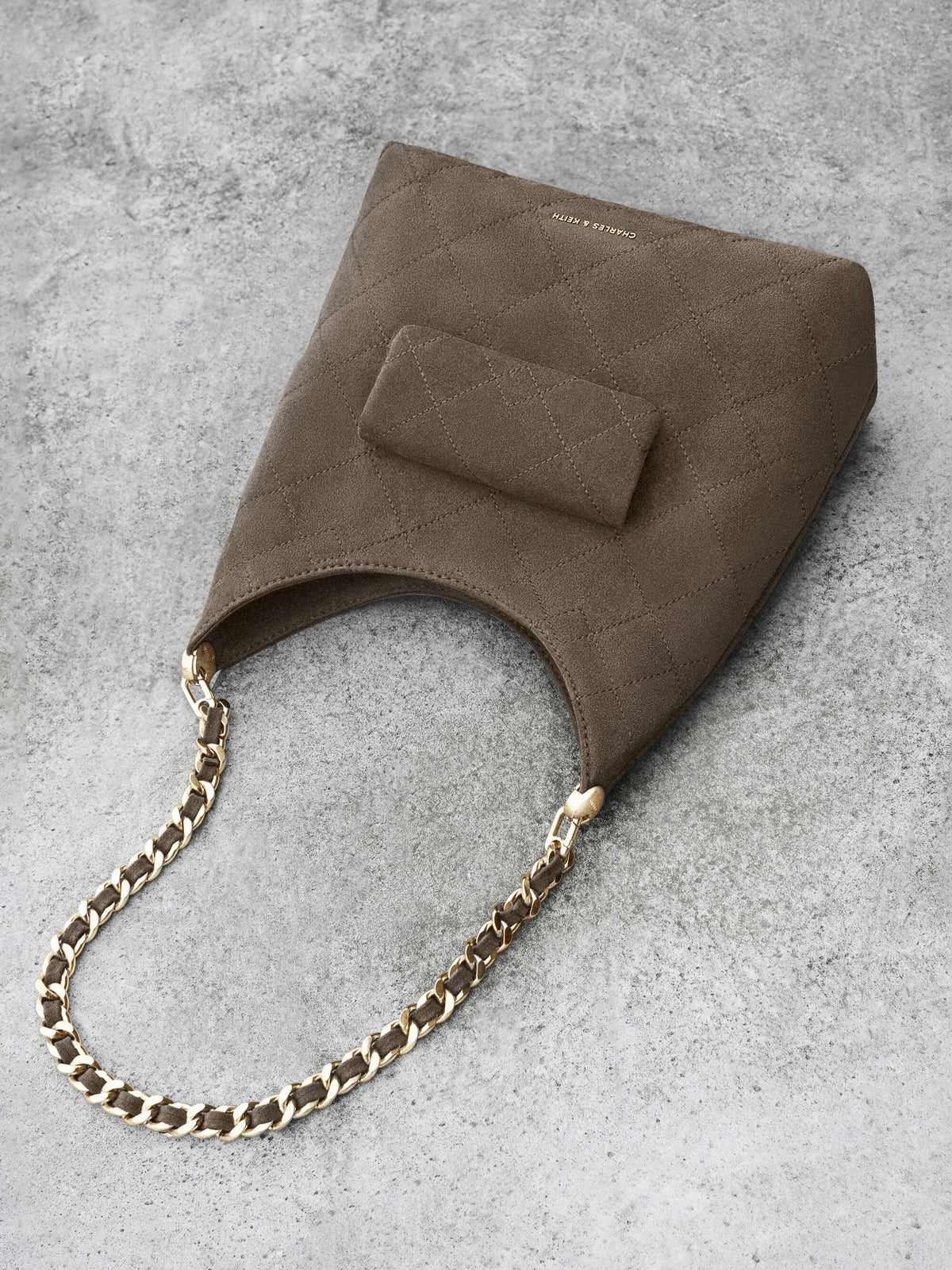 CHARLES & KEITH Exclusive / Duo Quilted Front-Pocket Chain Hobo Bag - Stone Grey