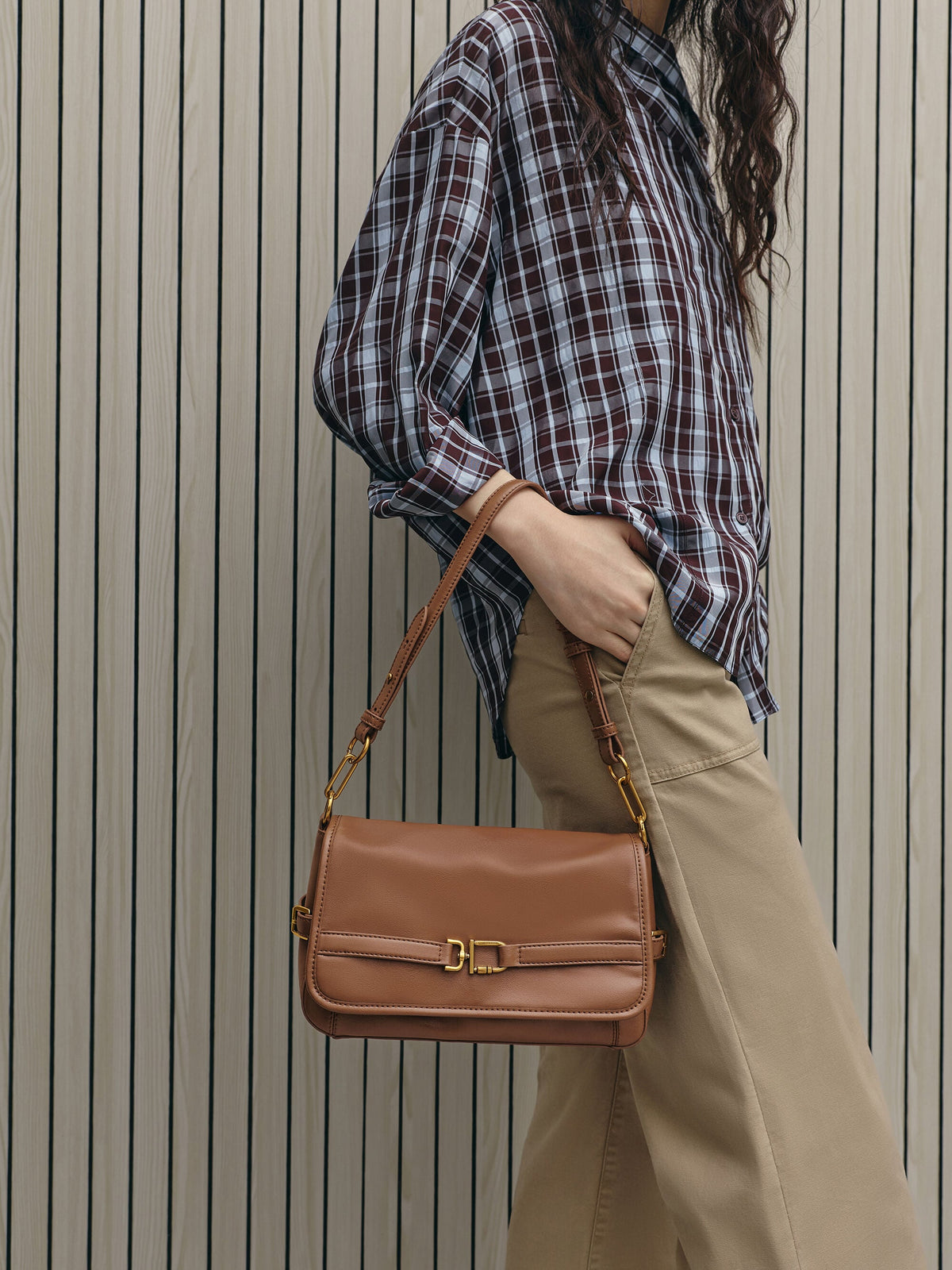 CHARLES & KEITH Everyday / Gwynne Metallic-Buckle Belted Shoulder Bag - Chocolate