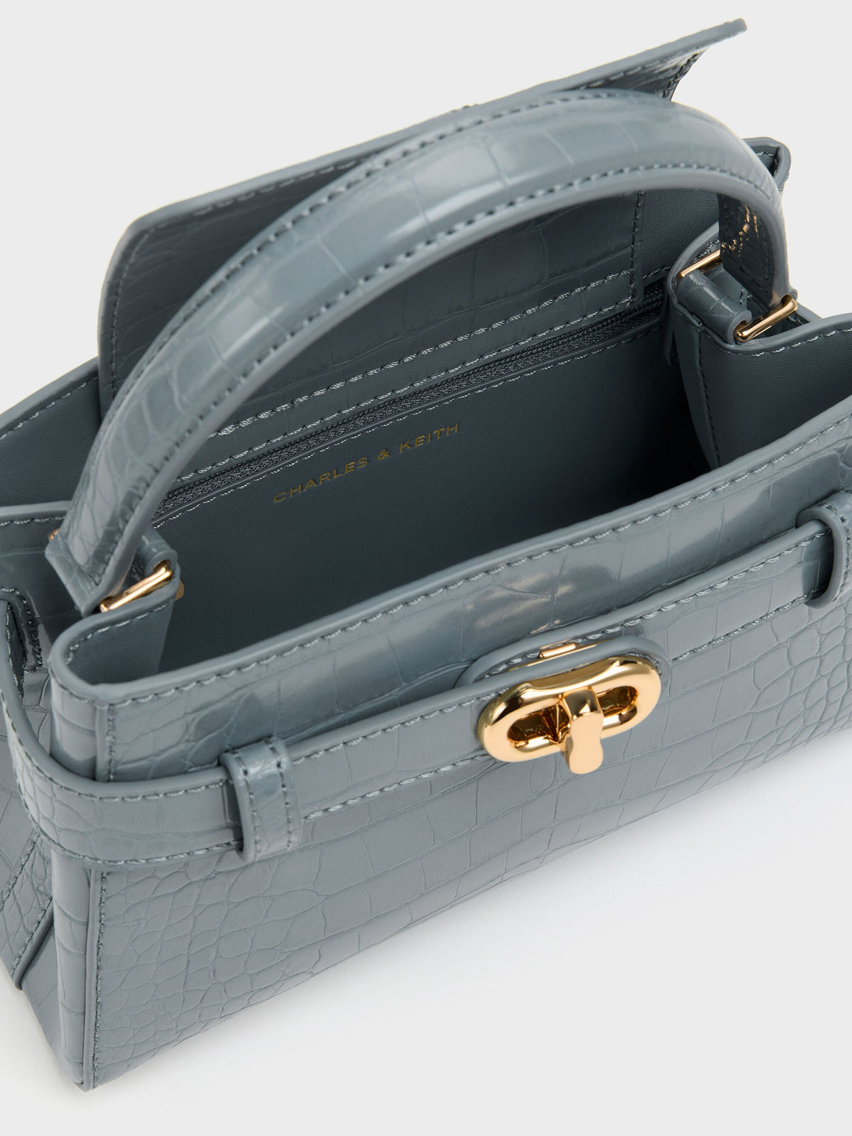 CHARLES & KEITH Everyday / Aubrielle Croc-Effect Belted Top Handle Bag - Smoky Blue