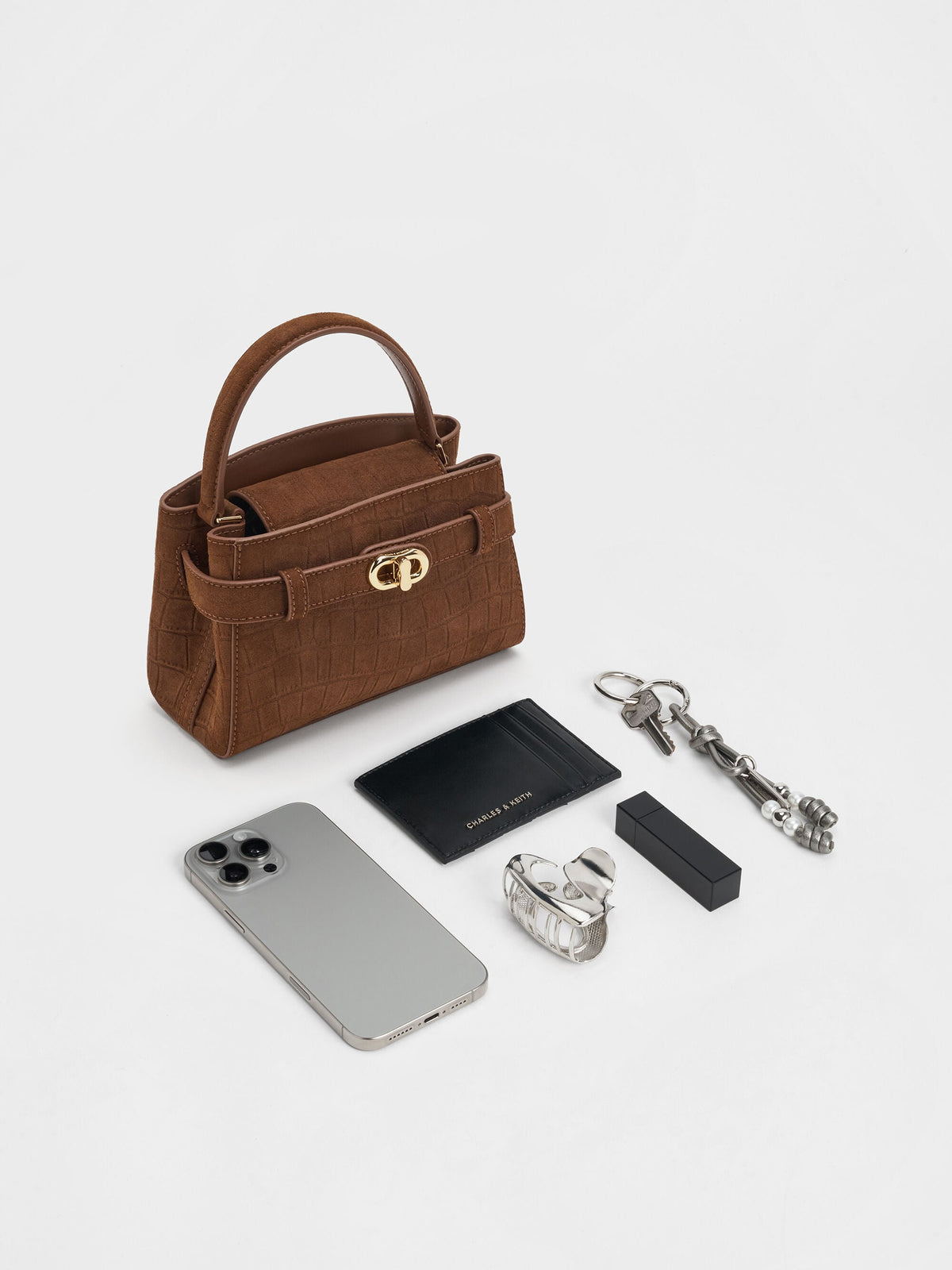CHARLES & KEITH Great Value / Aubrielle Croc-Effect Belted Top Handle Bag - Chocolate