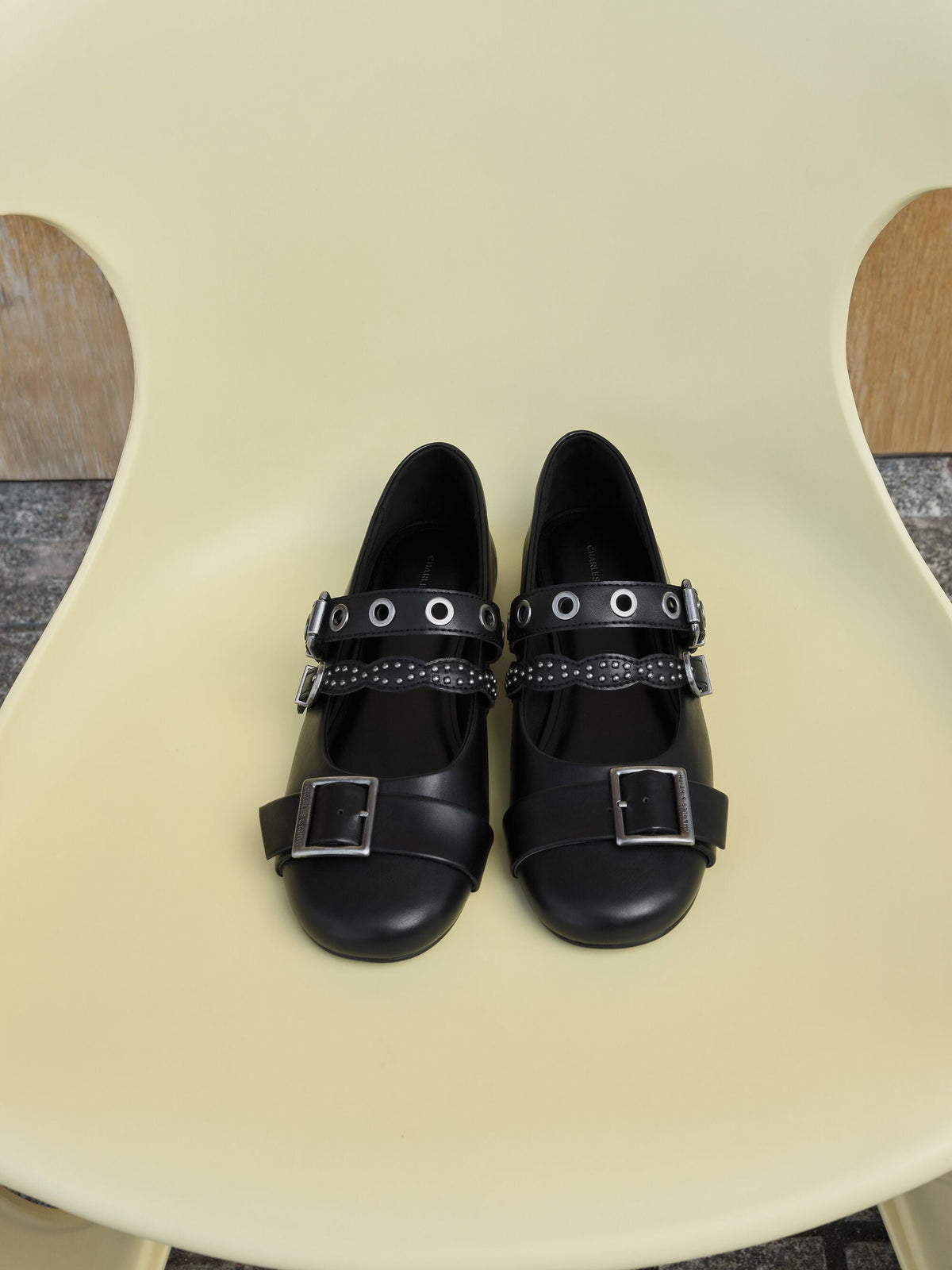 CHARLES & KEITH Customer Favorite / Aether Grommet Studded Mary Jane Flats - Black