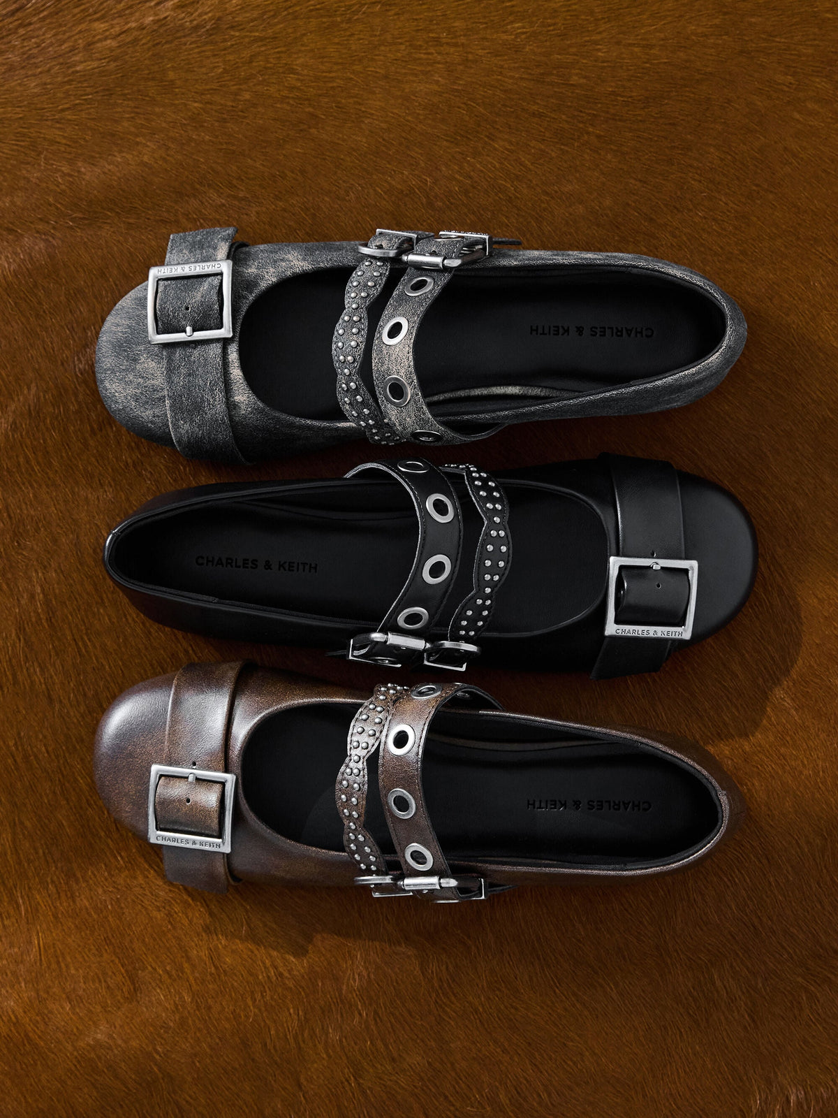 CHARLES & KEITH Customer Favorite / Aether Grommet Studded Mary Jane Flats - Black
