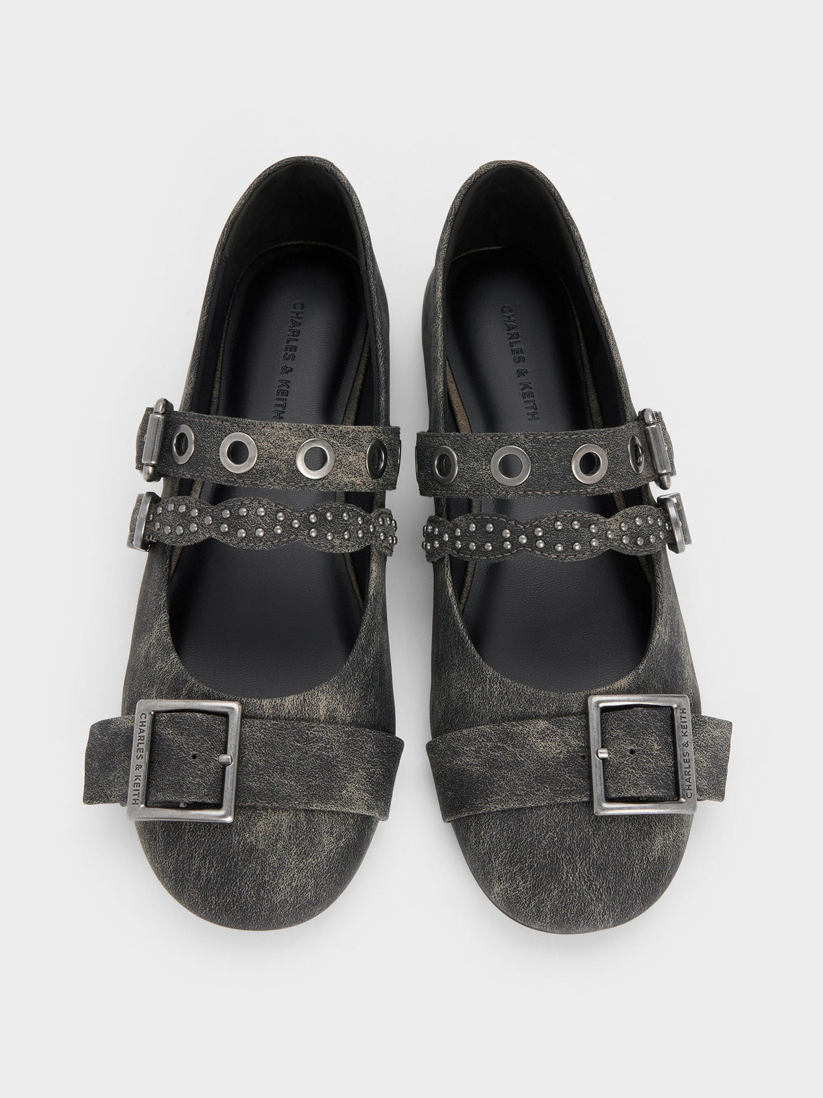 CHARLES & KEITH Special Offer / Aether Grommet Studded Mary Jane Flats - Dark Grey