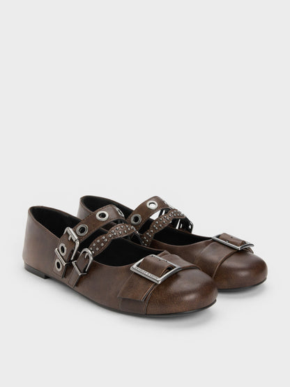 CHARLES & KEITH Quality / Aether Grommet Studded Mary Jane Flats - Dark Brown
