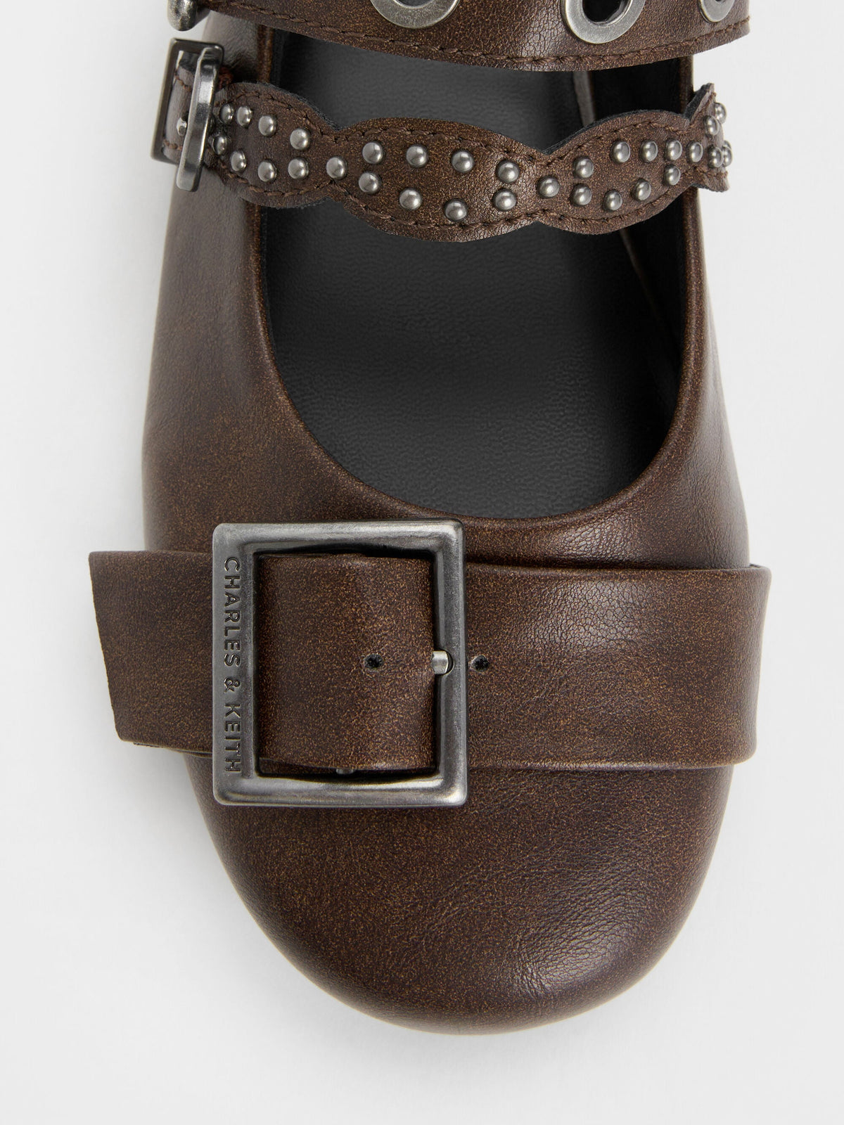 CHARLES & KEITH Quality / Aether Grommet Studded Mary Jane Flats - Dark Brown