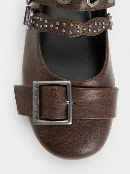 CHARLES & KEITH Quality / Aether Grommet Studded Mary Jane Flats - Dark Brown