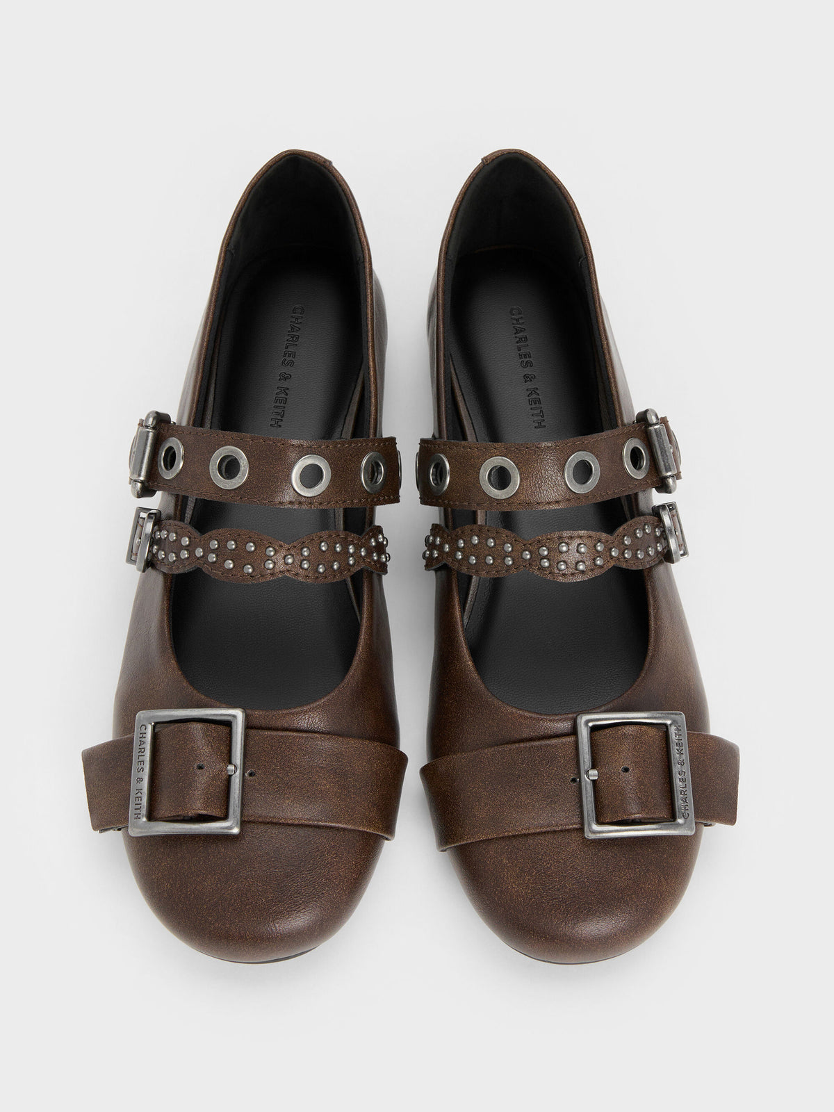 CHARLES & KEITH Quality / Aether Grommet Studded Mary Jane Flats - Dark Brown