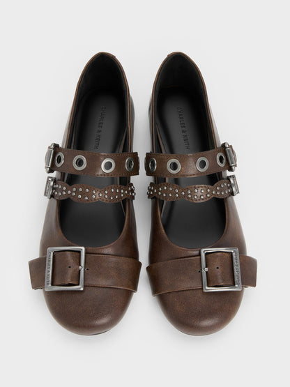 CHARLES & KEITH Quality / Aether Grommet Studded Mary Jane Flats - Dark Brown