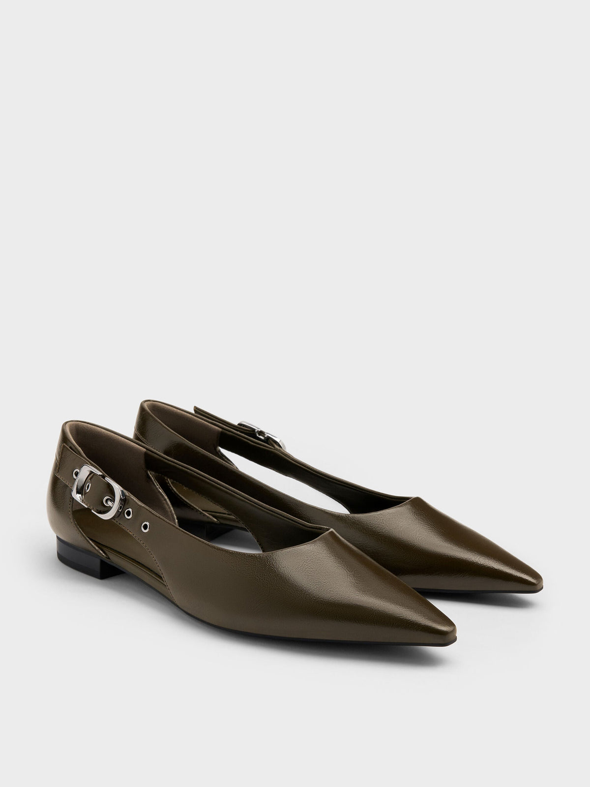 CHARLES & KEITH New / Buckled Cut-Out Ballet Flats - Olive