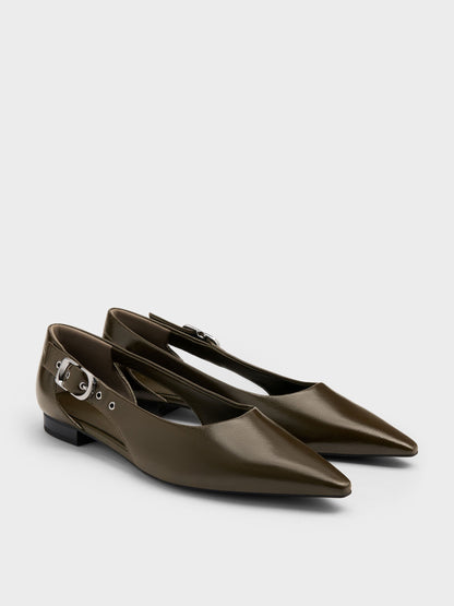 CHARLES & KEITH New / Buckled Cut-Out Ballet Flats - Olive