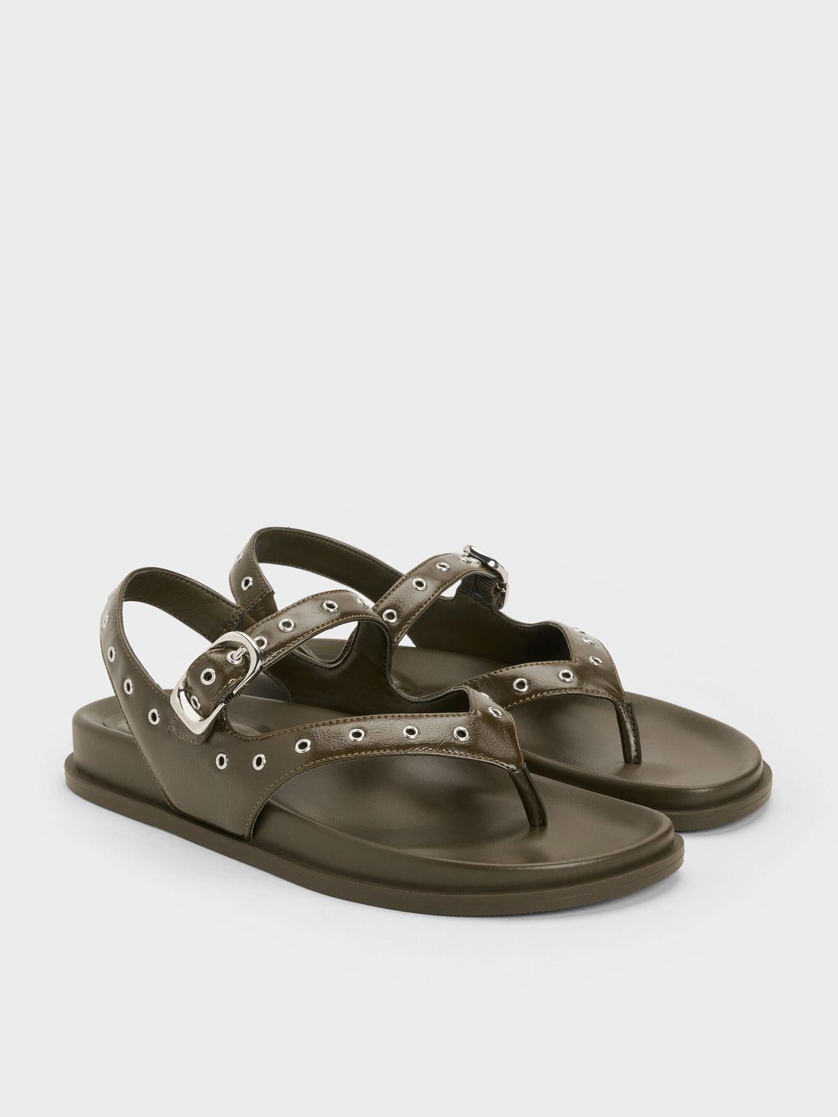 CHARLES & KEITH Discount / Grommet Thong Slingback Sandals - Olive
