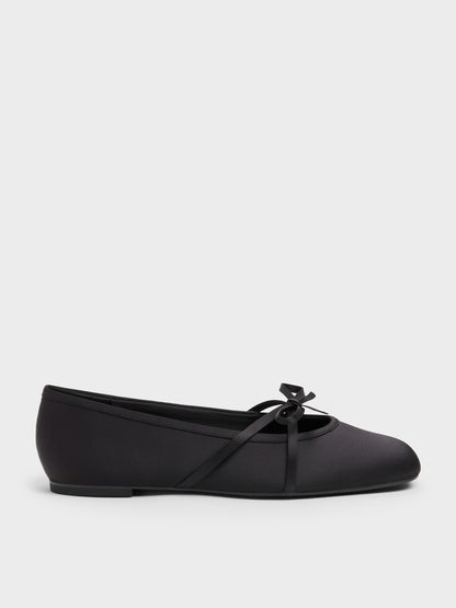 CHARLES & KEITH Latest / Satin Bow Ballet Flats - Black Textured