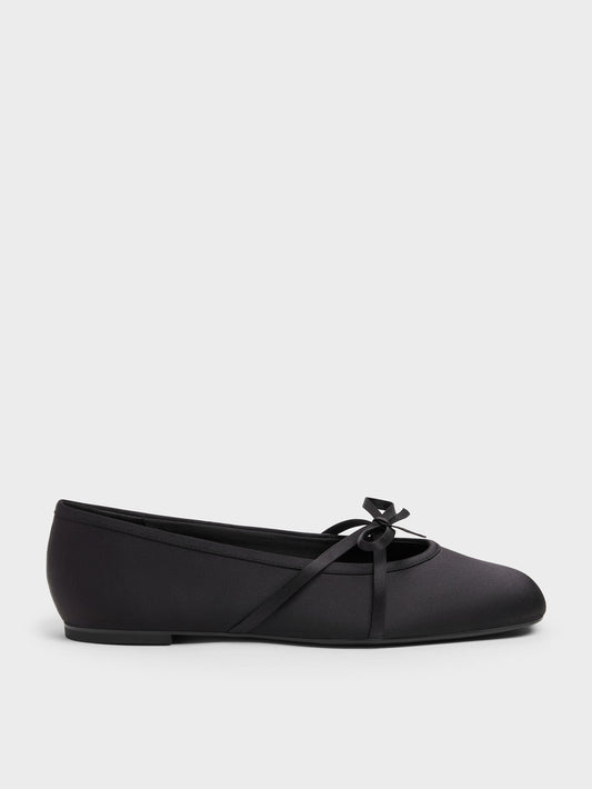 CHARLES & KEITH Latest / Satin Bow Ballet Flats - Black Textured