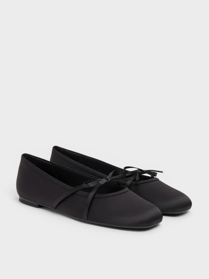 CHARLES & KEITH Latest / Satin Bow Ballet Flats - Black Textured