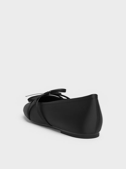 CHARLES & KEITH Latest / Satin Bow Ballet Flats - Black Textured