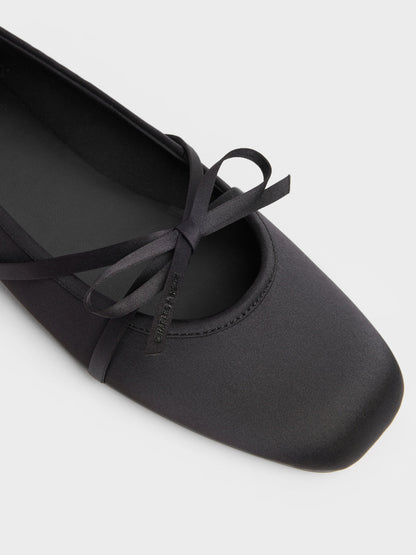 CHARLES & KEITH Latest / Satin Bow Ballet Flats - Black Textured