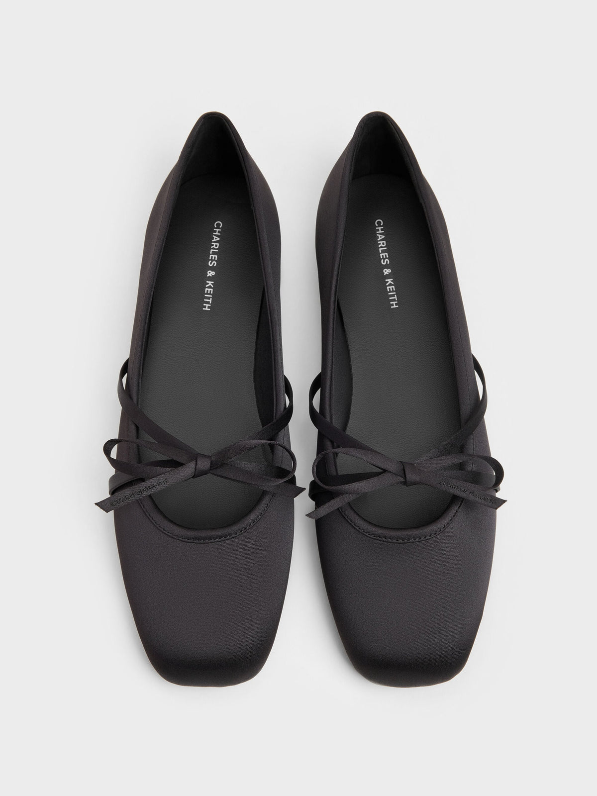 CHARLES & KEITH Latest / Satin Bow Ballet Flats - Black Textured