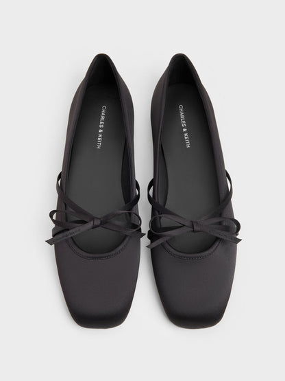 CHARLES & KEITH Latest / Satin Bow Ballet Flats - Black Textured